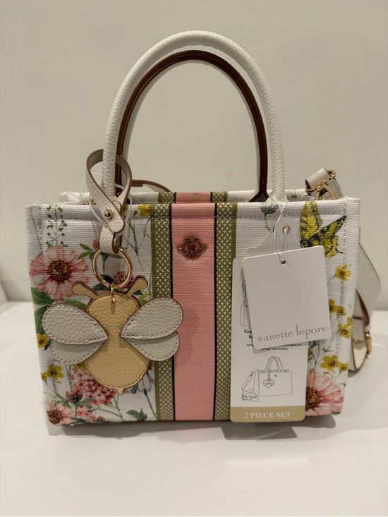 Nanette Lepore Handbags - Nanette Lepore White Floral Satchel with Pink & Olive Stripes